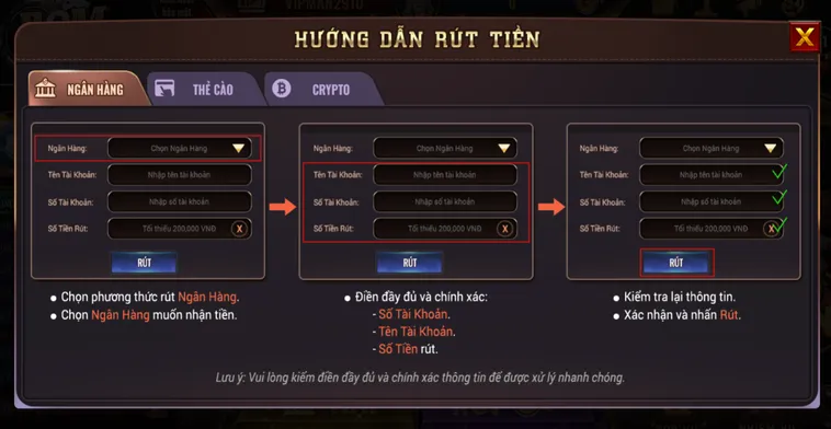 Quy trình rút tiền qua tài khoản ngân hàng tại Bomwin - tiền về tài khoản chỉ sau 5 phút.